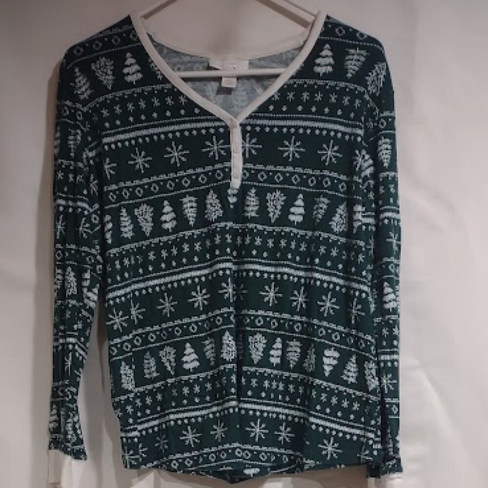 LAUREN CONRAD WINTER PATTERN TREES SNOWFLAKES GREEN WHITE CUFFS WOMEN'S SIZE XXL